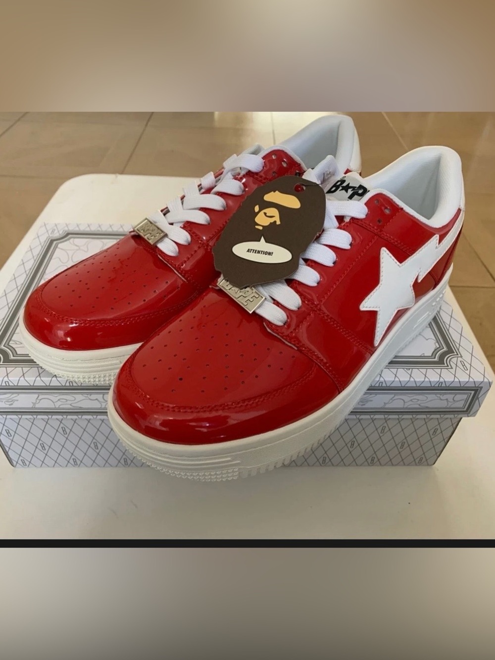 Bape Red Patent Leather Bapesta Sneakers with White Star Accent